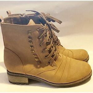 TWISTED faux suede lace up and zip booties. Stud trim. Tan. Size 9.